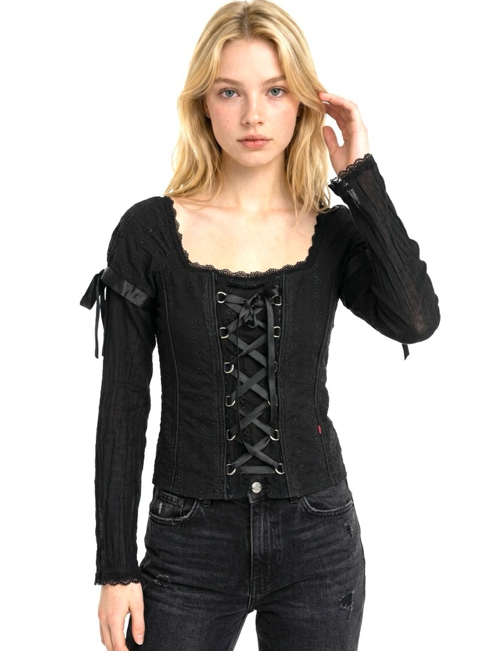 TRIPP NYC • Black Lace Up Corset Top Sheer Sleeves Romantic Goth Y2K Small